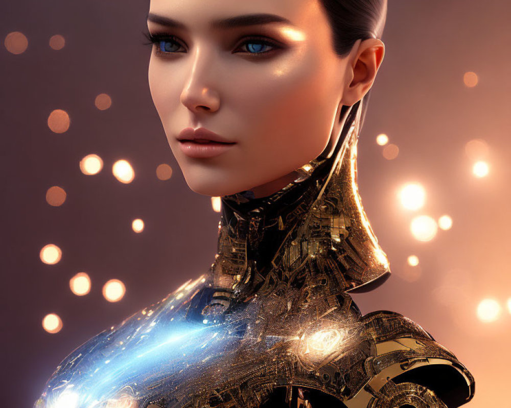 Female Android with Human-like Face and Glowing Chest in 3D Illustration