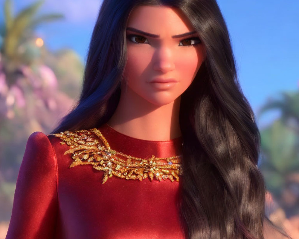 3D-animated female character in red dress with long black hair