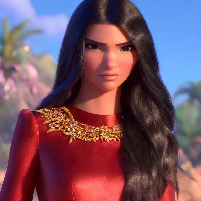 3D-animated female character in red dress with long black hair