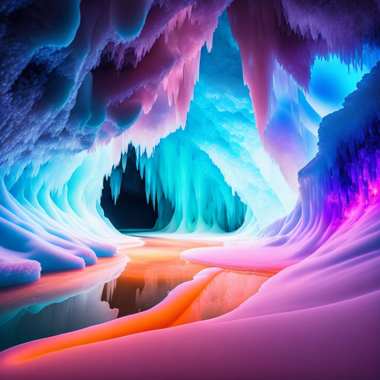 Colorful Lights Illuminate Ice Cave with Icicles and Water Surface