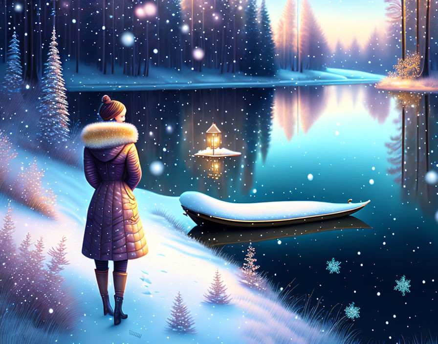 Winter scene: Person in coat by snowy lakeside with boat, pine trees, and falling snowfl