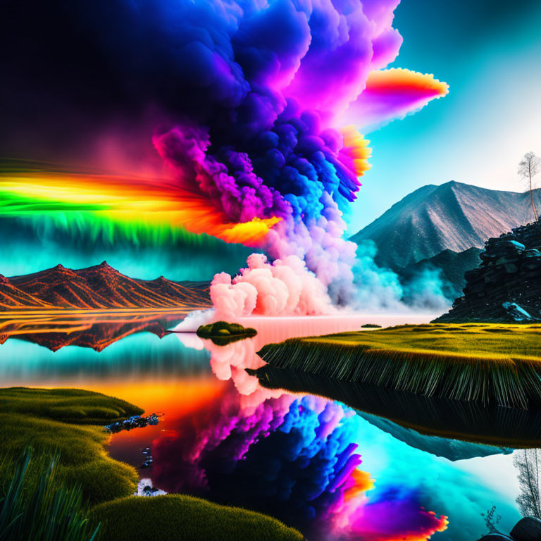 Surreal landscape with reflective lake, neon clouds, grassy banks, mountain.