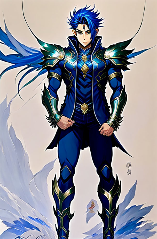 Male character in blue & gold armor with wing-like adornments on beige background