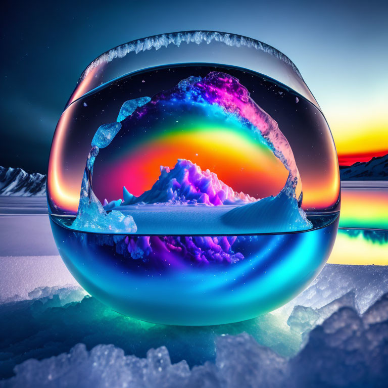 Colorful crystal ball showing mountain landscape under twilight sky