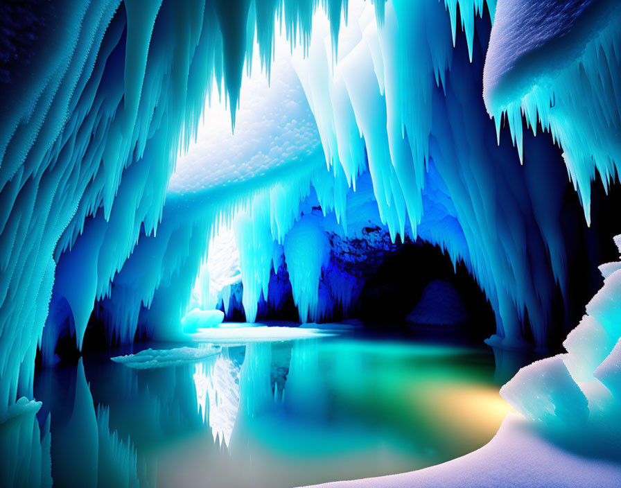 Blue icicles in illuminated ice cave over tranquil water.