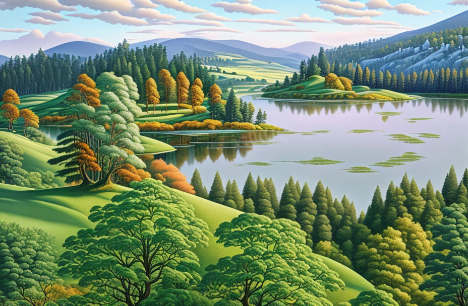 Tranquil Lake Reflecting Green Hills and Trees