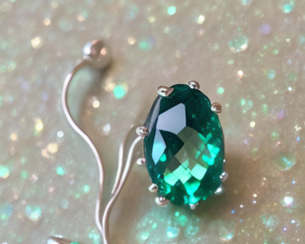 Green gemstone on silver wire design on glittering surface