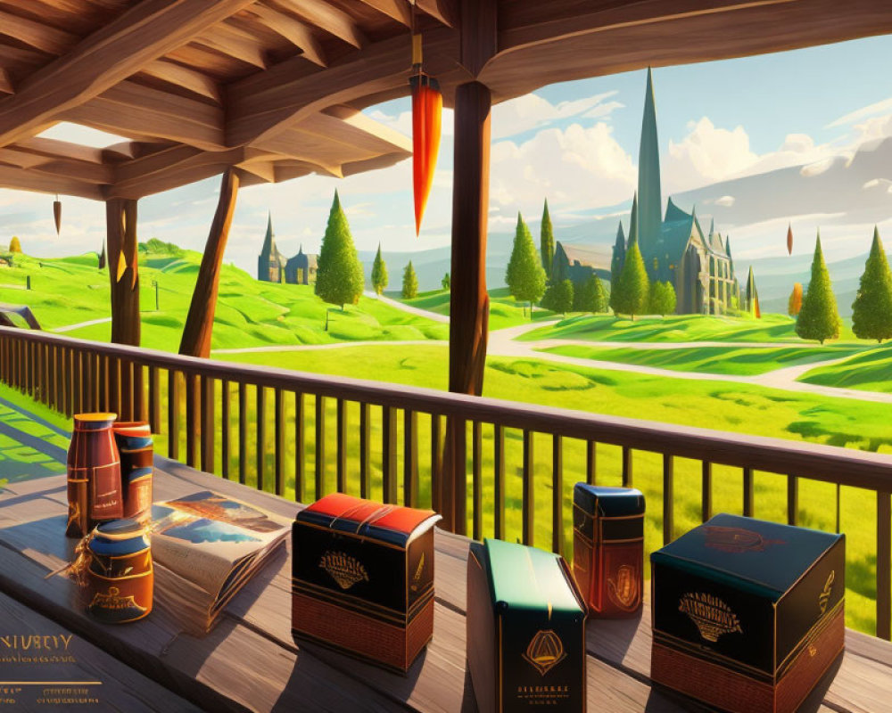 Balcony view of books and castle in vibrant landscape