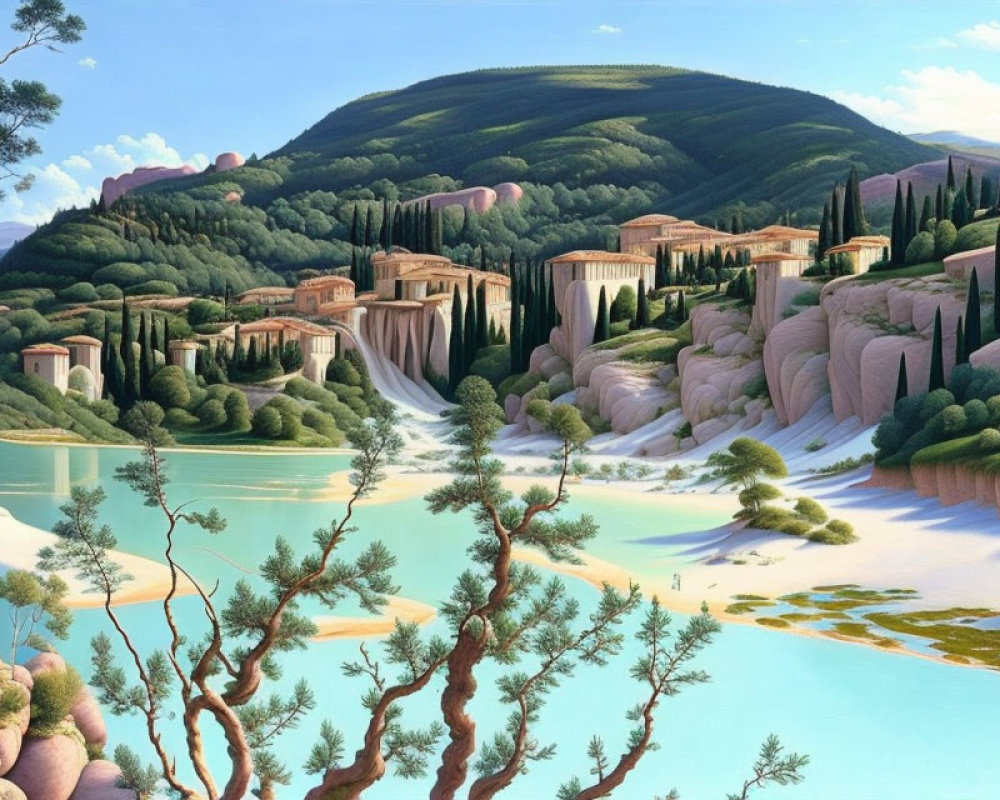 Tranquil Landscape Painting: Green Hills, Waterfalls, Lake, Classical Buildings