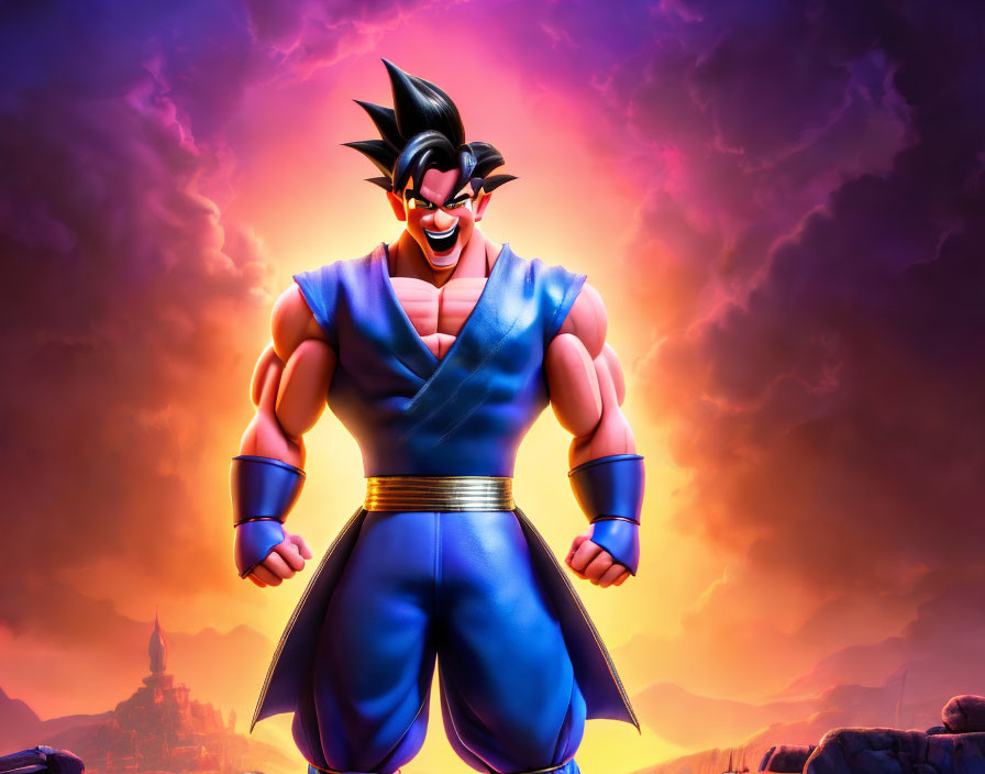 Spiky Black Haired Animated Character in Blue and White Outfit against Purple Sky