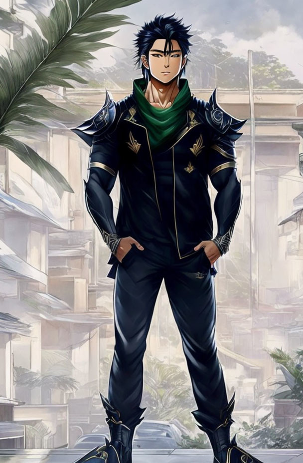 Dark-haired male character in detailed armor amidst cityscape with palm trees