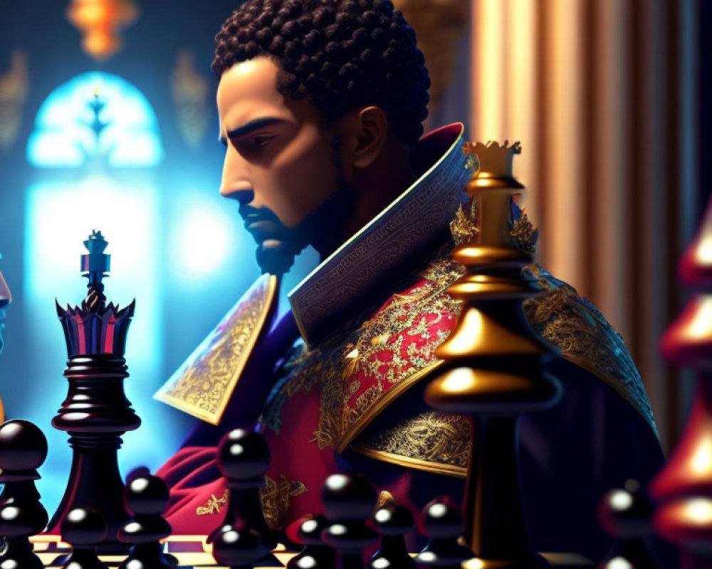 Man in royal attire gazes at chessboard with black king piece