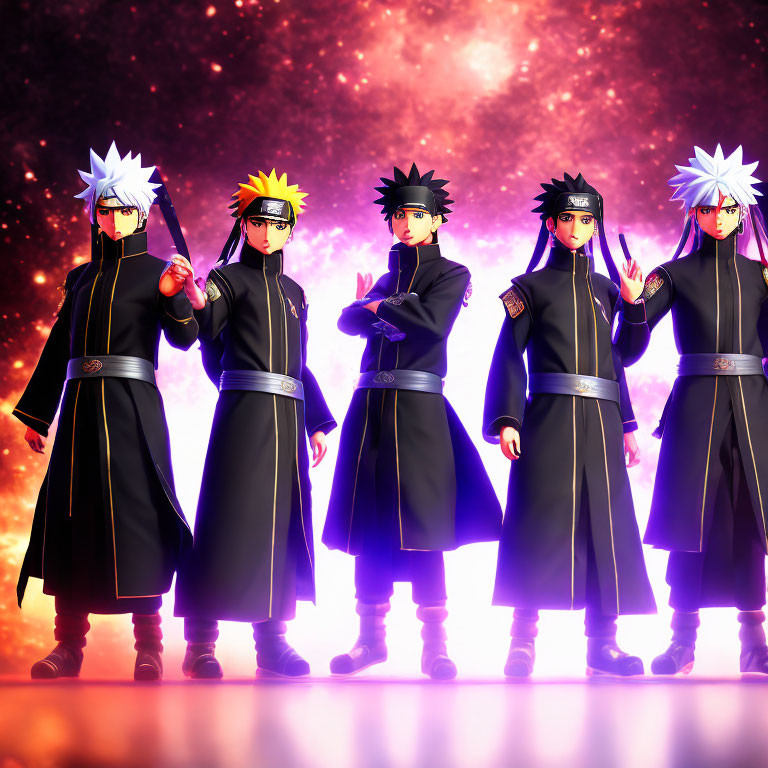 Five Black Ninja Characters in Various Poses Against Fiery Background