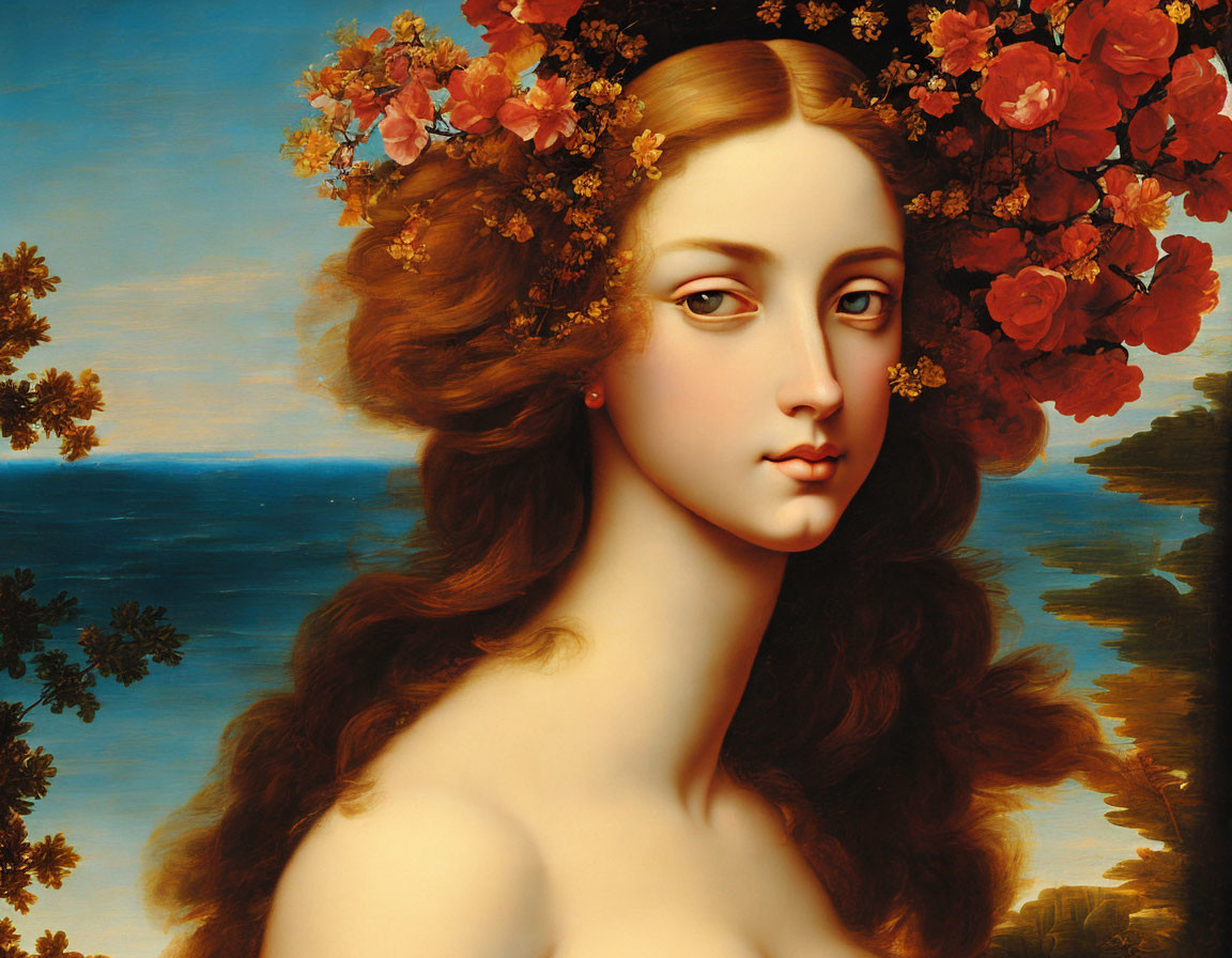 Portrait of Woman with Floral Headpiece and Golden Hair in Serene Expression