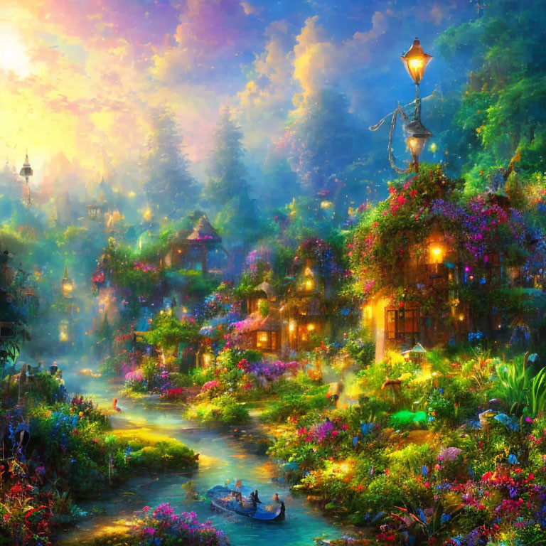 Colorful painting of magical village with blossoming flowers, quaint houses, river, and couple rowing