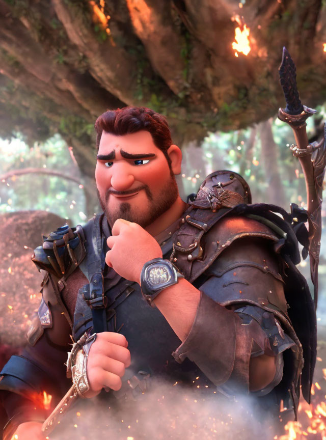 Heroic 3D animated character in armor with digital watch in fiery setting