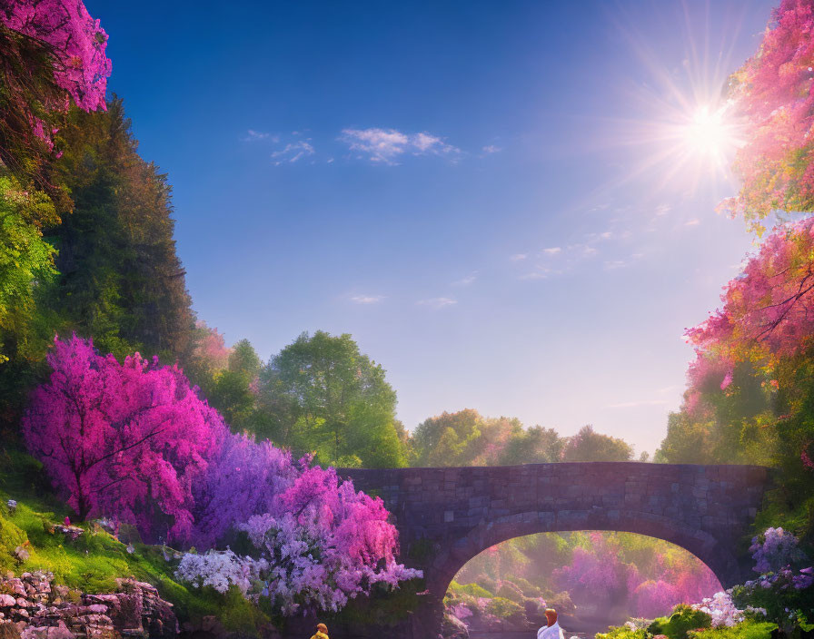 Stone bridge over river with pink foliage and sun flare in serene forest