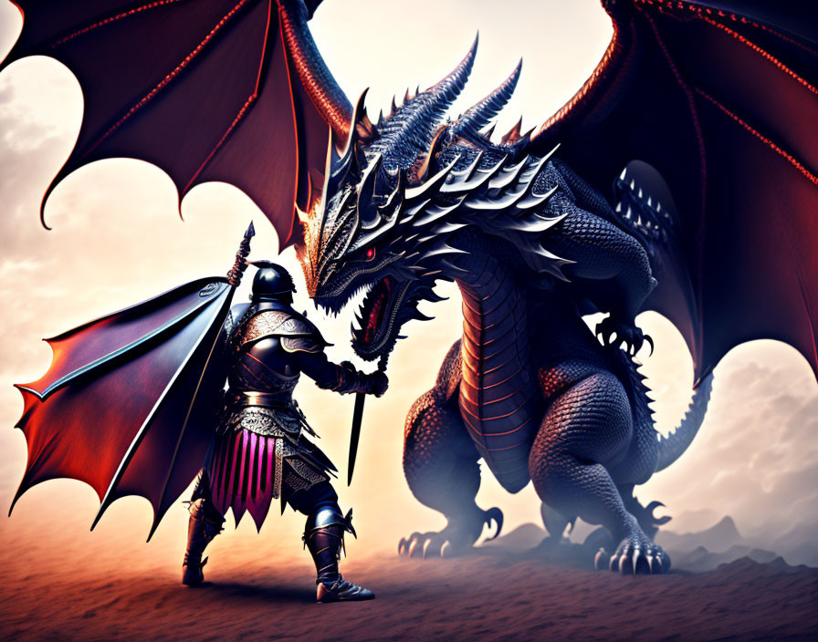 Knight in armor faces off against large dragon under dramatic sky