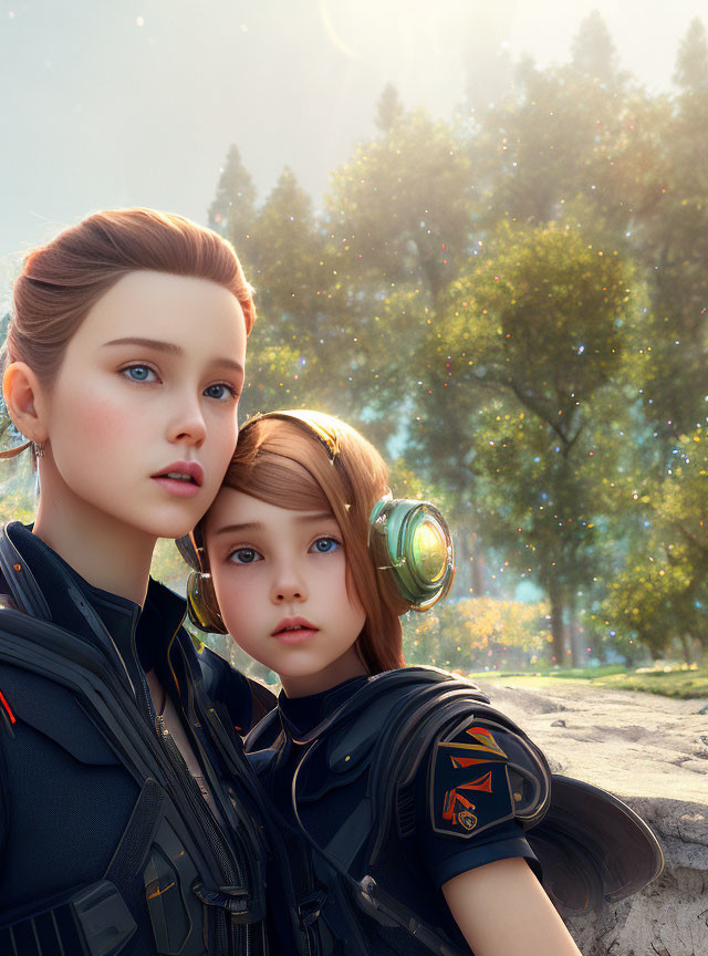 Digital artwork featuring two female characters with futuristic headphones embracing in a sunny, tree-filled setting