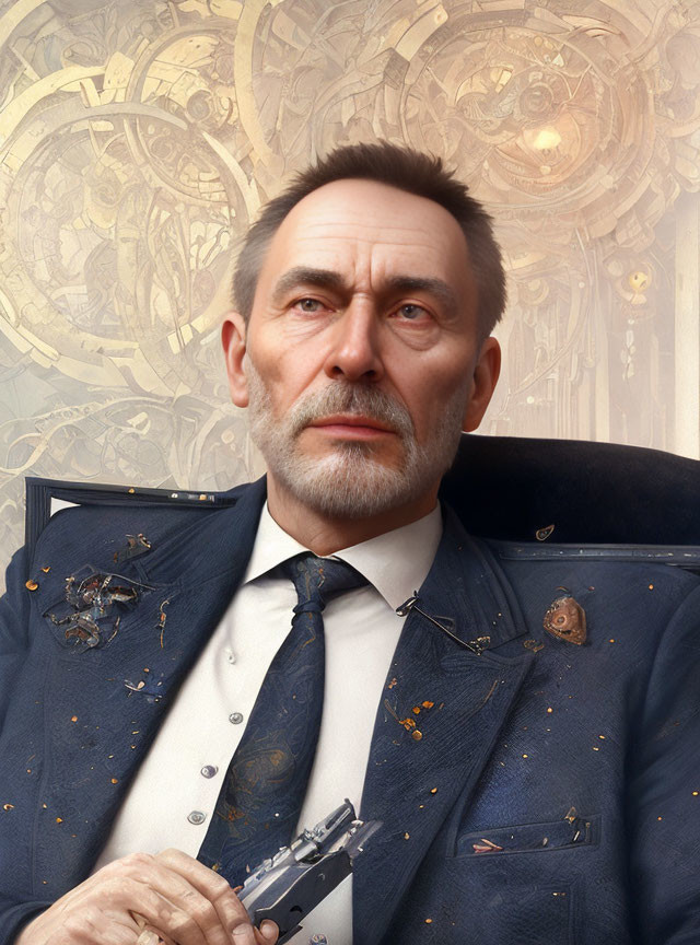 Grey-haired man in navy suit with clockwork motifs amid golden gears