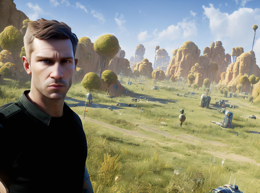 Serious man in foreground against futuristic sci-fi landscape