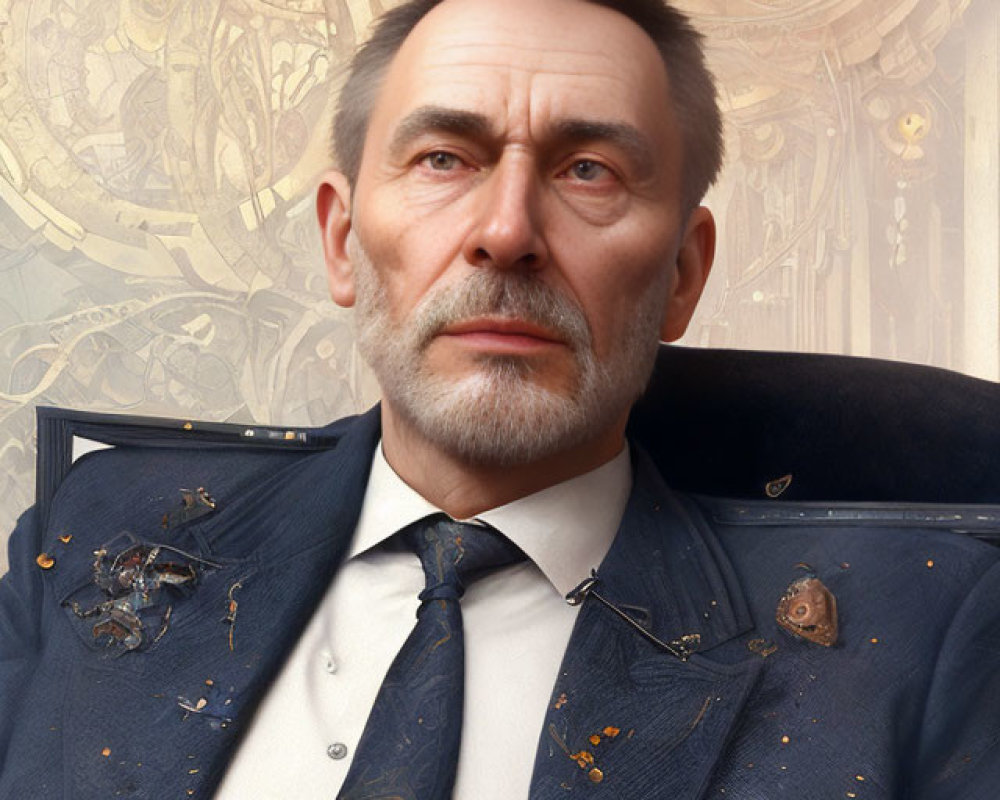 Grey-haired man in navy suit with clockwork motifs amid golden gears