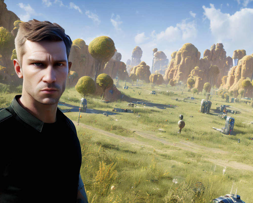 Serious man in foreground against futuristic sci-fi landscape