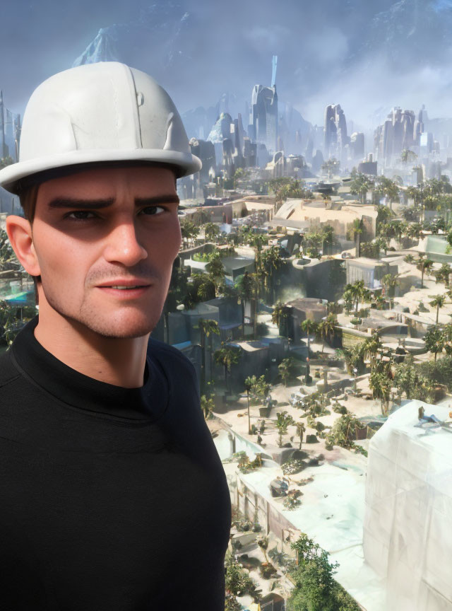 Digital artwork: Man in hard hat with futuristic cityscape and greenery