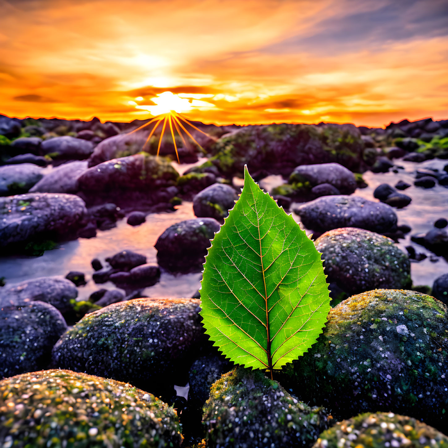 Vibrant green leaf on mossy shoreline at sunset