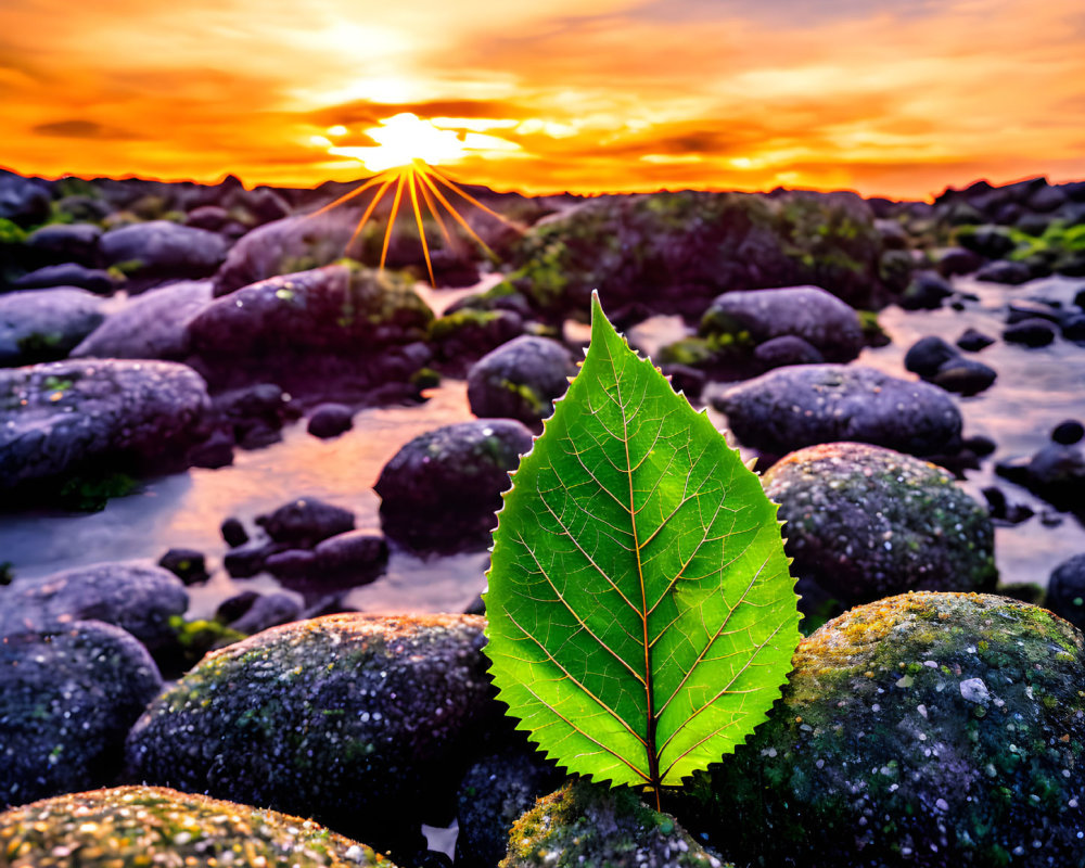 Vibrant green leaf on mossy shoreline at sunset