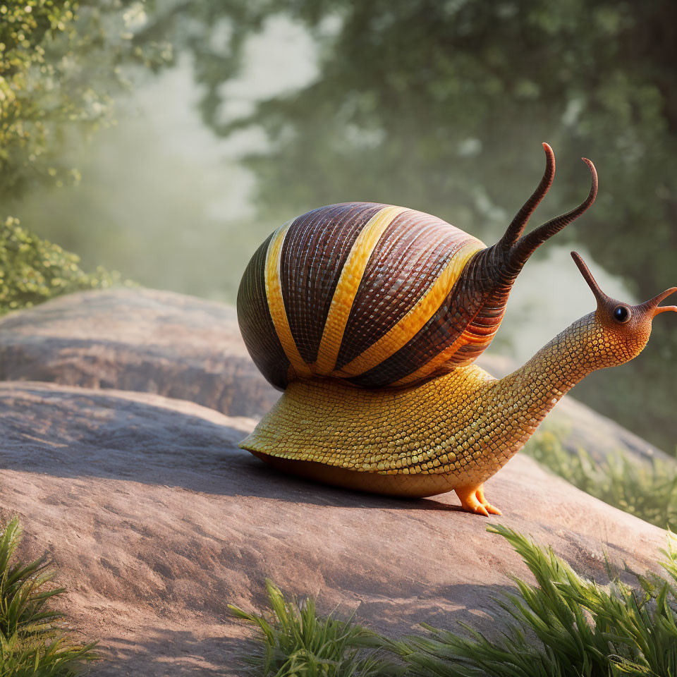 Colorful Striped Snail on Rock in Misty Forest