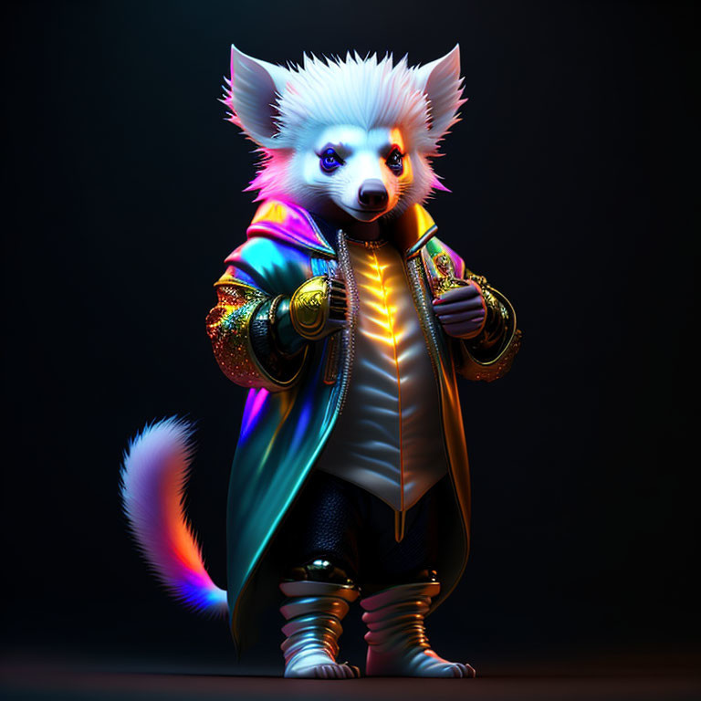 White Fur Fox Character in Colorful Jacket and Black Pants in Dramatic Pose