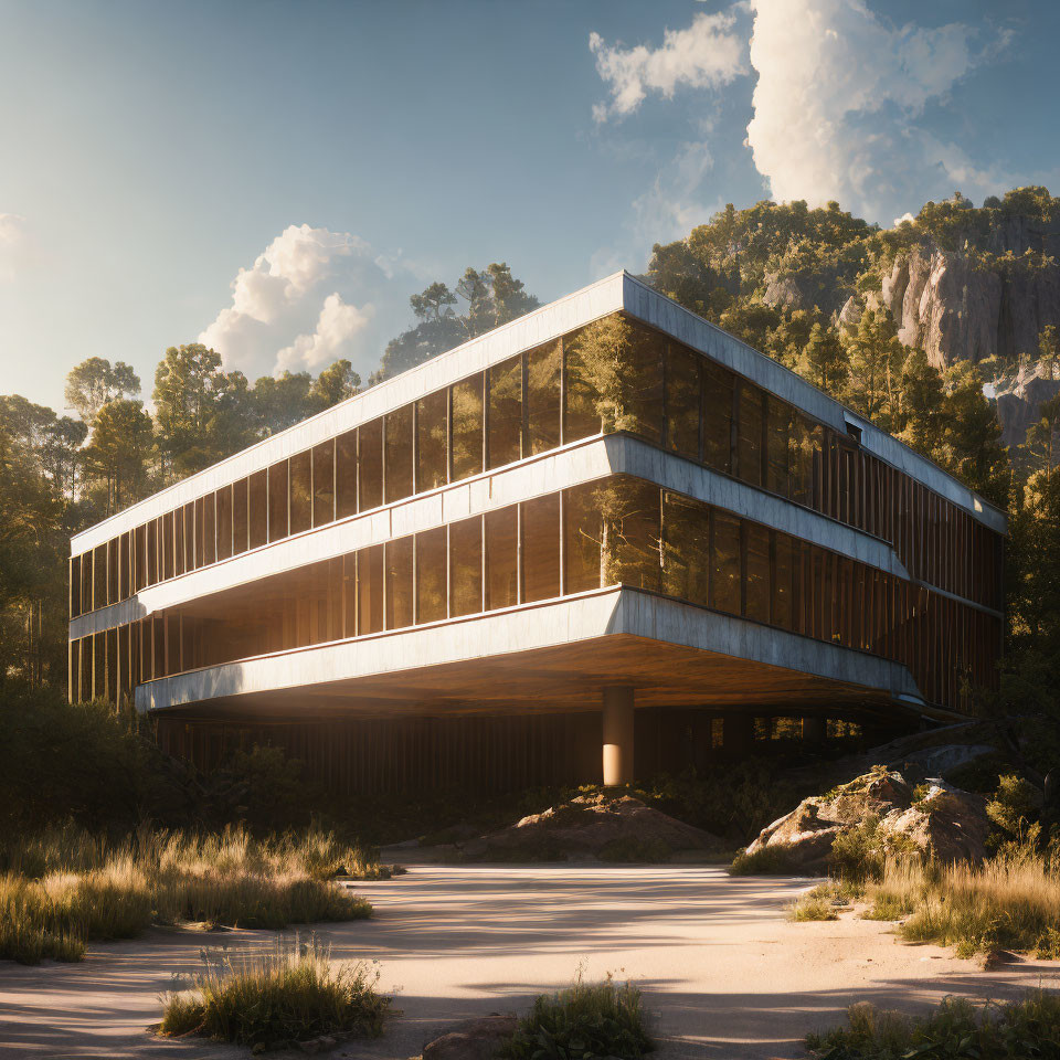 Contemporary angular building with glass facades and overhang in forest setting.