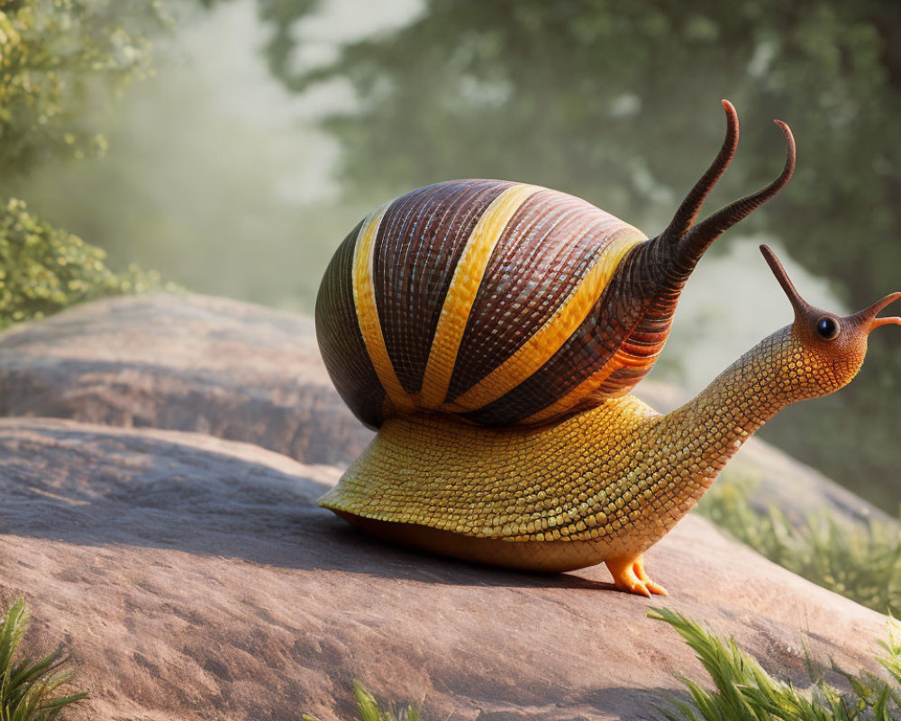 Colorful Striped Snail on Rock in Misty Forest