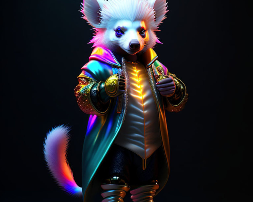 White Fur Fox Character in Colorful Jacket and Black Pants in Dramatic Pose