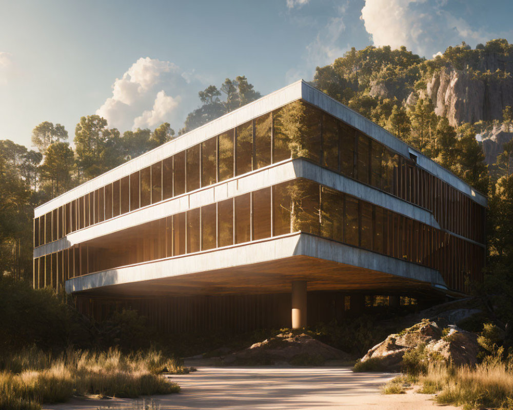 Contemporary angular building with glass facades and overhang in forest setting.