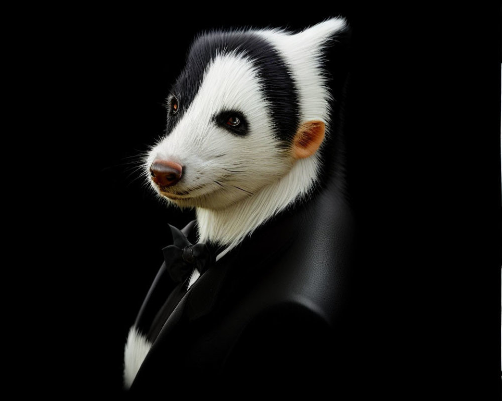 Badger head in formal attire against black background