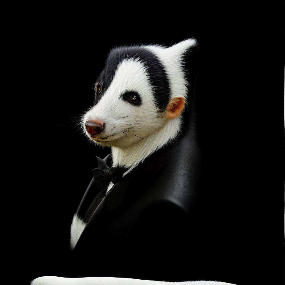 Badger head in formal attire against black background