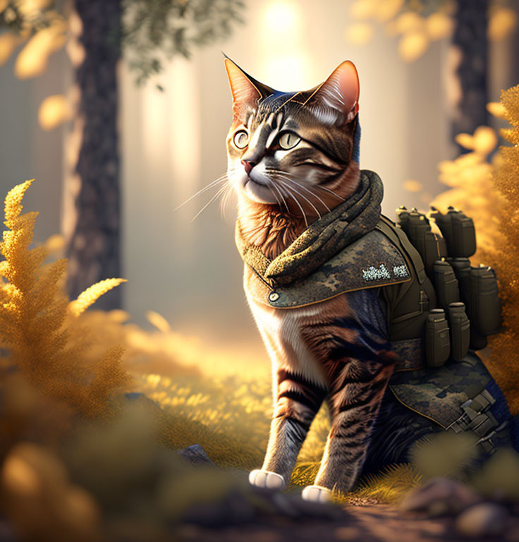 Tabby Cat Wearing Scarf and Backpack in Forest with Warm Light