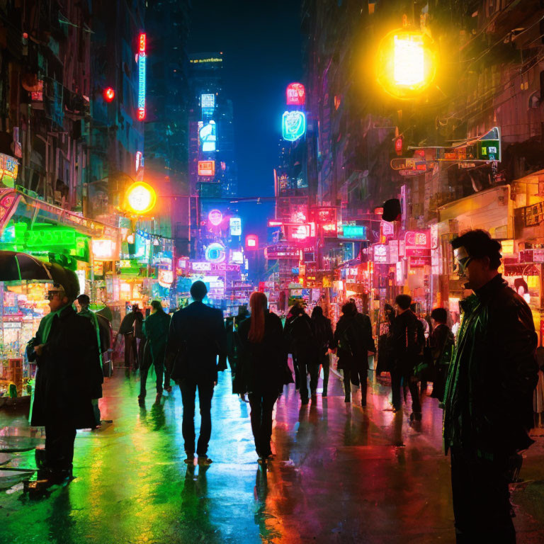 Vibrant neon-lit city street at night with bustling people and colorful reflections.