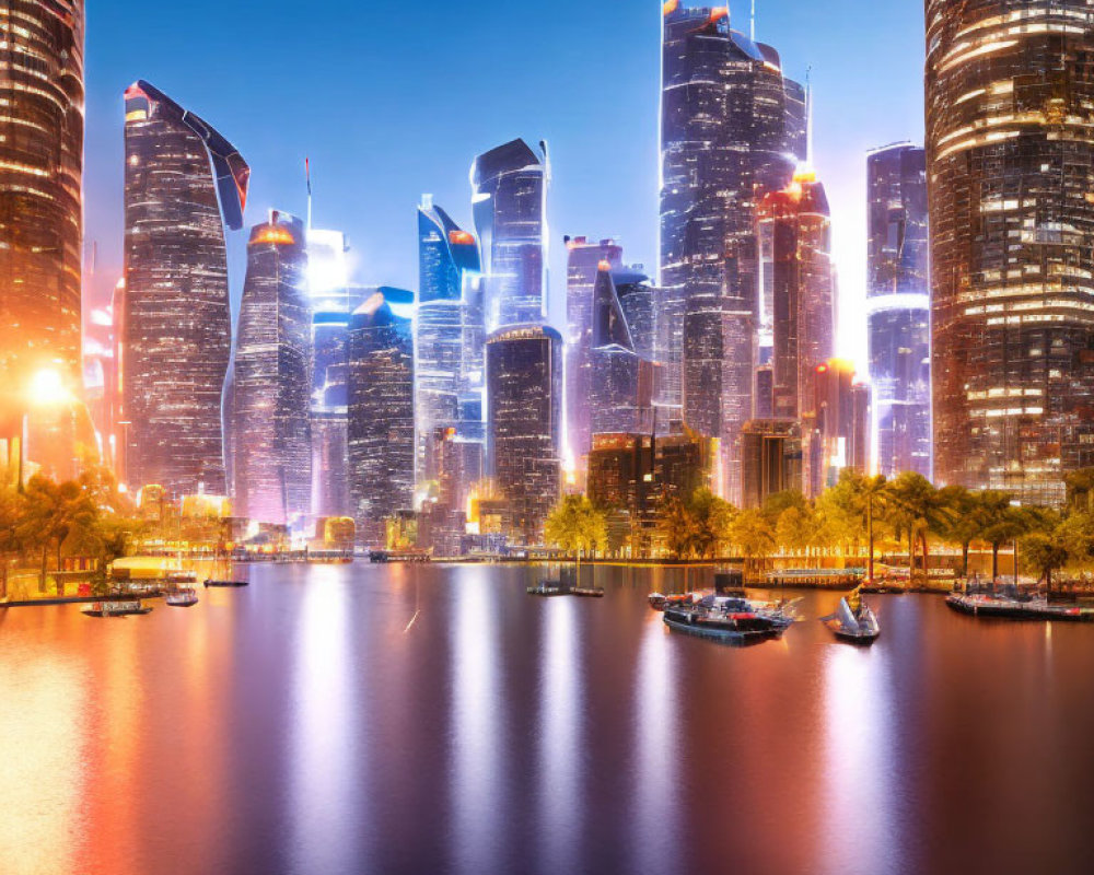 Cityscape with illuminated skyscrapers, calm river, boats, and vibrant sky