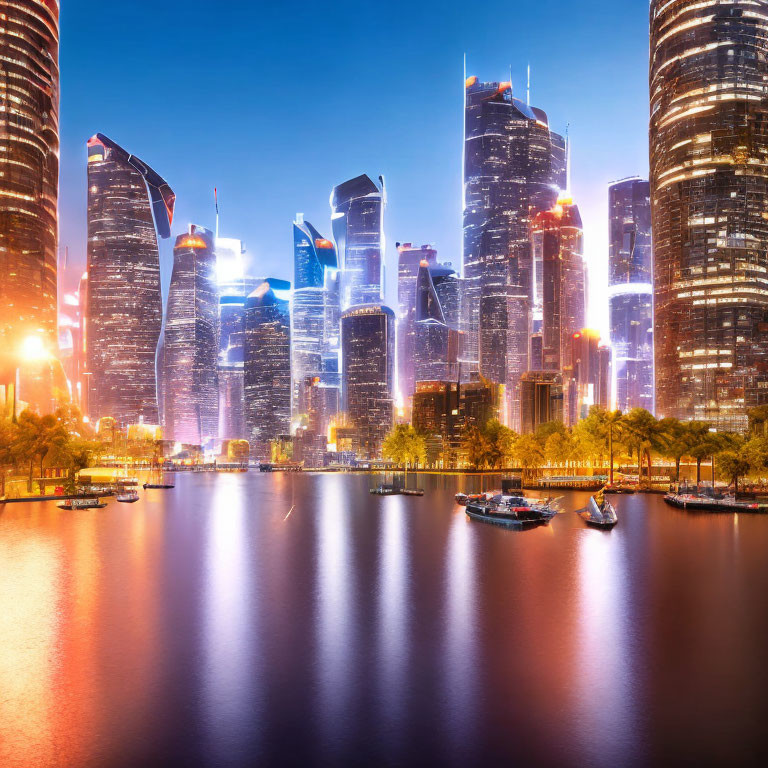 Cityscape with illuminated skyscrapers, calm river, boats, and vibrant sky