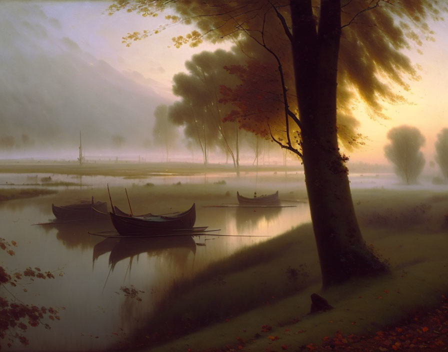 Tranquil twilight landscape with boats on calm river and mist above water