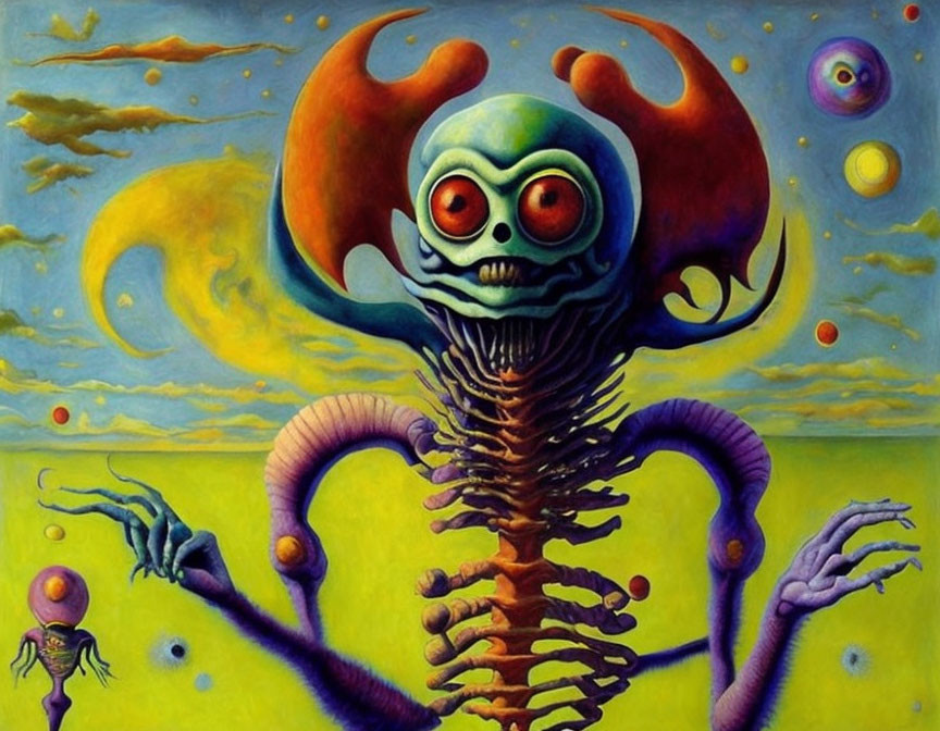 Surreal artwork: skeletal figure with large skull and horns on celestial backdrop