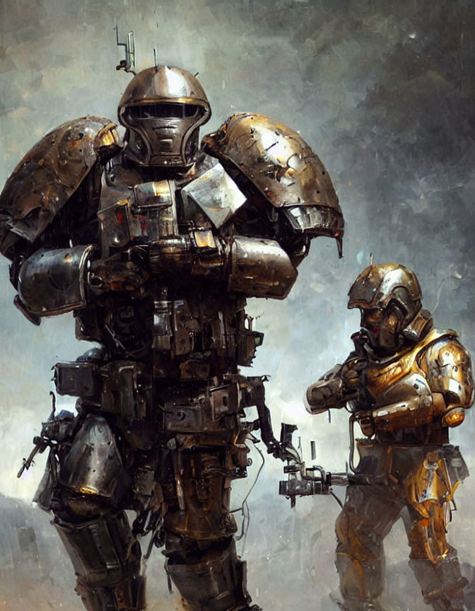 Futuristic soldiers in armor with rifle and large suit