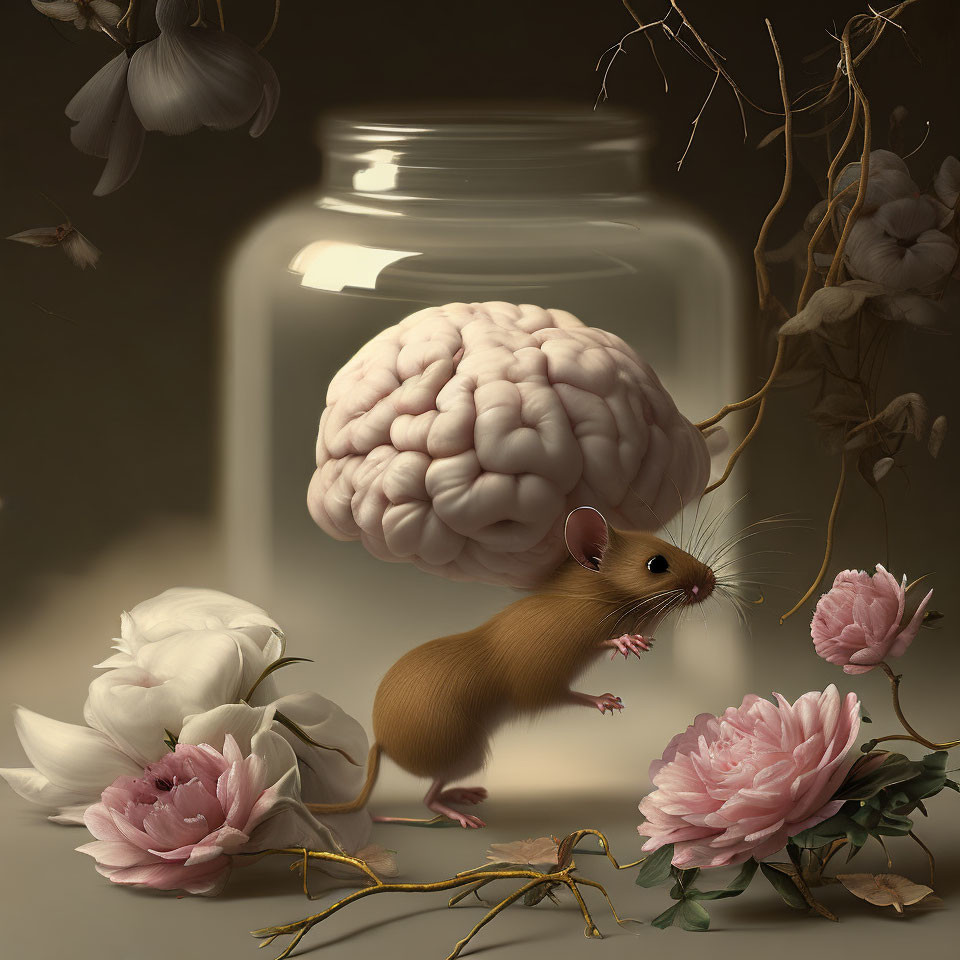 Surreal image of mouse with human brain among flowers and jar