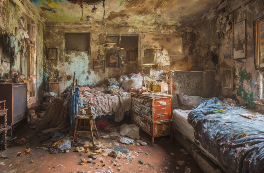 Abandoned room with peeling walls, messy beds, scattered debris in soft light