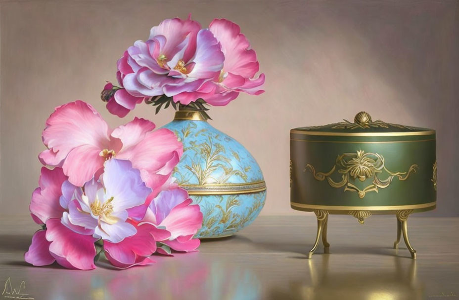 Vibrant pink flowers in blue vase with gold-decorated green box on elegant table