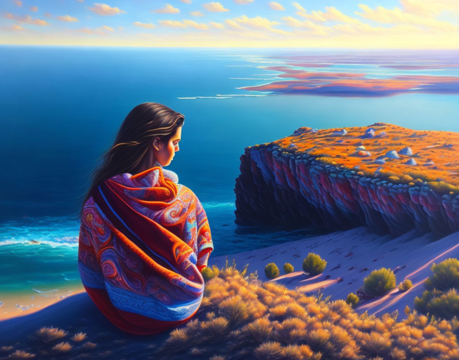 Person in Colorful Shawl Sitting on Cliff Overlooking Serene Ocean