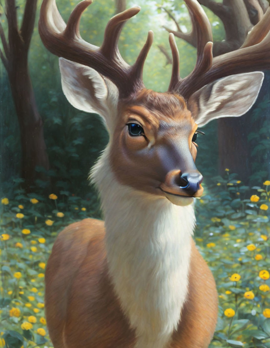 Detailed Illustration: Majestic deer with large antlers in sunlit forest with yellow flowers